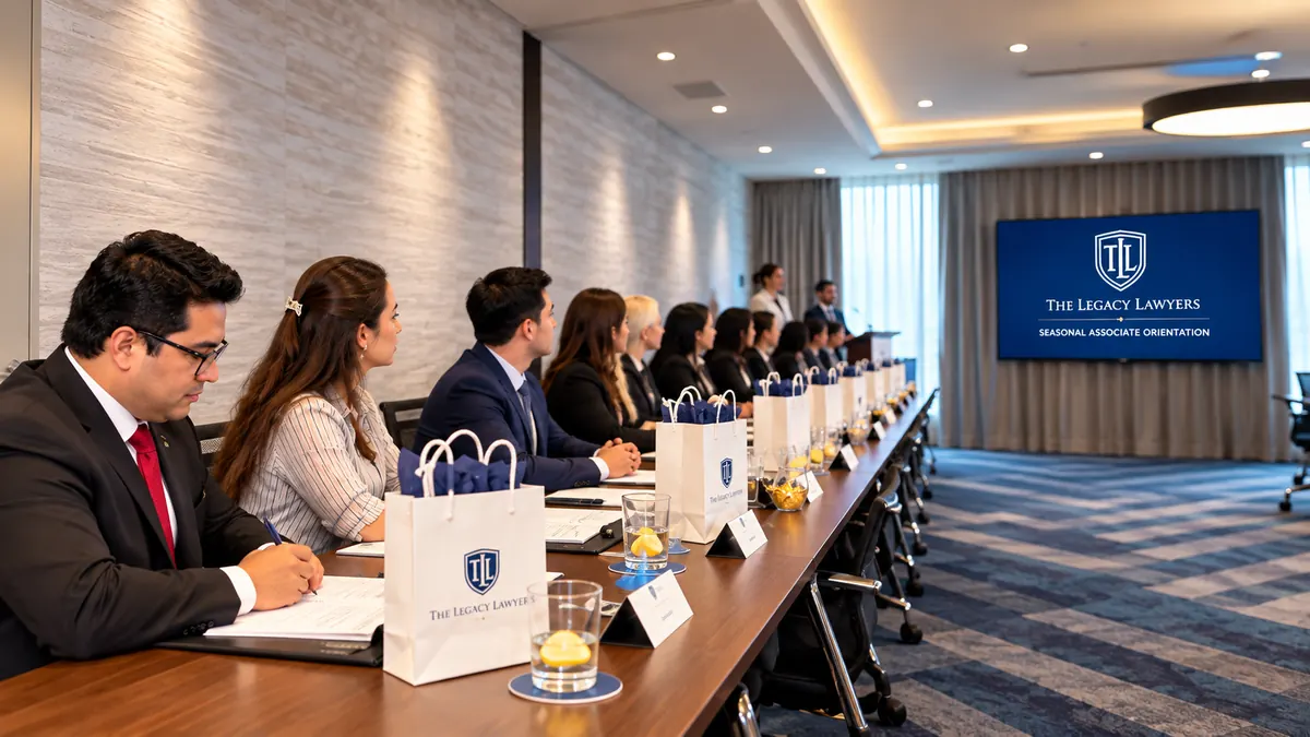 Seasonal associates seated at a boardroom table during orientation