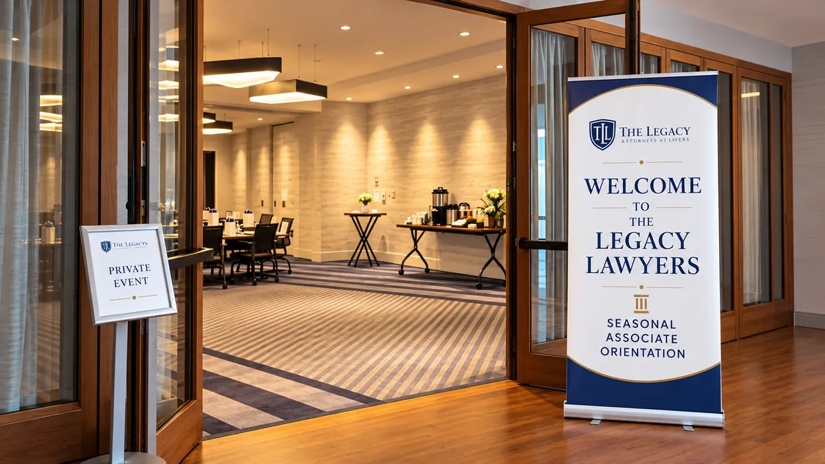 Welcome banner greeting attendees at the seasonal associate orientation